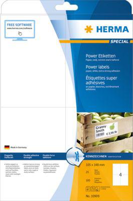 Herma Power-Etiketten Nr. 10909 auf DIN A4-Blättern, 100 Etiketten, 25 Bogen