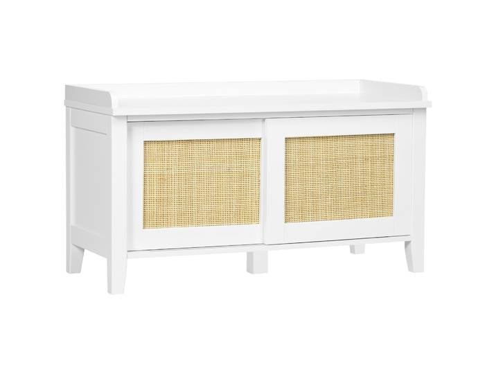 Homcom Banc à chaussures avec siège 2 portes en rotin 80X35X45Cm Blanc et Naturel