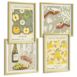 BILDER SET 4er Set - 50x50 cm & 40x60 cm Goldrahmen - Fruchtige Muster italienischer Wein