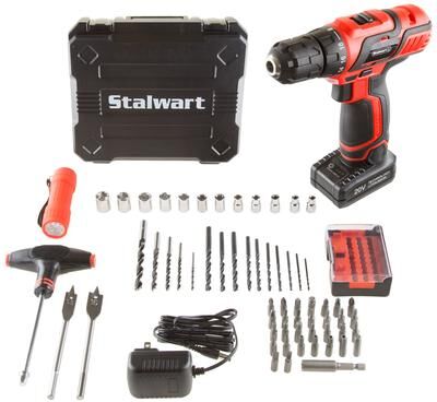 65-Piece Drill Set - Cordless Drill and Accessory Kit with Rechargeable Battery, Flashlight, Drill Bit Set by Stalwart (Red)