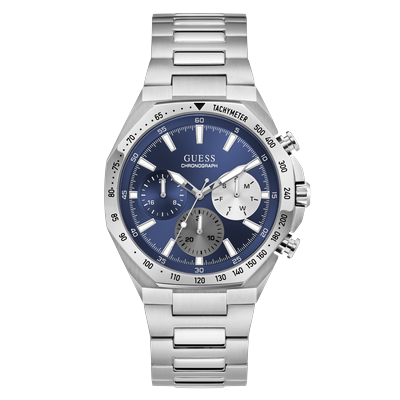 Multifunktionsuhr GUESS "BLAKE", silber (silberfarben, blau), Armbanduhren, Herren, Quarzuhr, Armbanduhr, Herrenuhr, Edelstahlarmband, analog, Tag