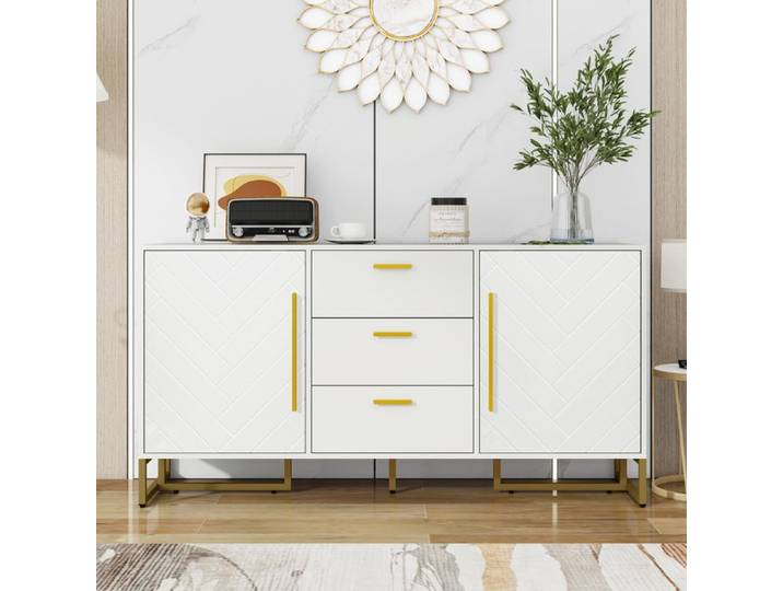 Buffet - DREAMMESPACE - 145x40x75cm - 2 portes - 3 tiroirs - motif chevrons - blanc