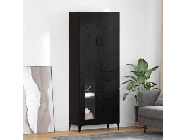 HEFZGDB Modernes Highboard mit wandmontierter Aufhängung aus Holzwerkstoff in Schwarz-Eiche - Funktionales Highboard mit Mehreren Fächern und schlankes Design für Wohnzimmer