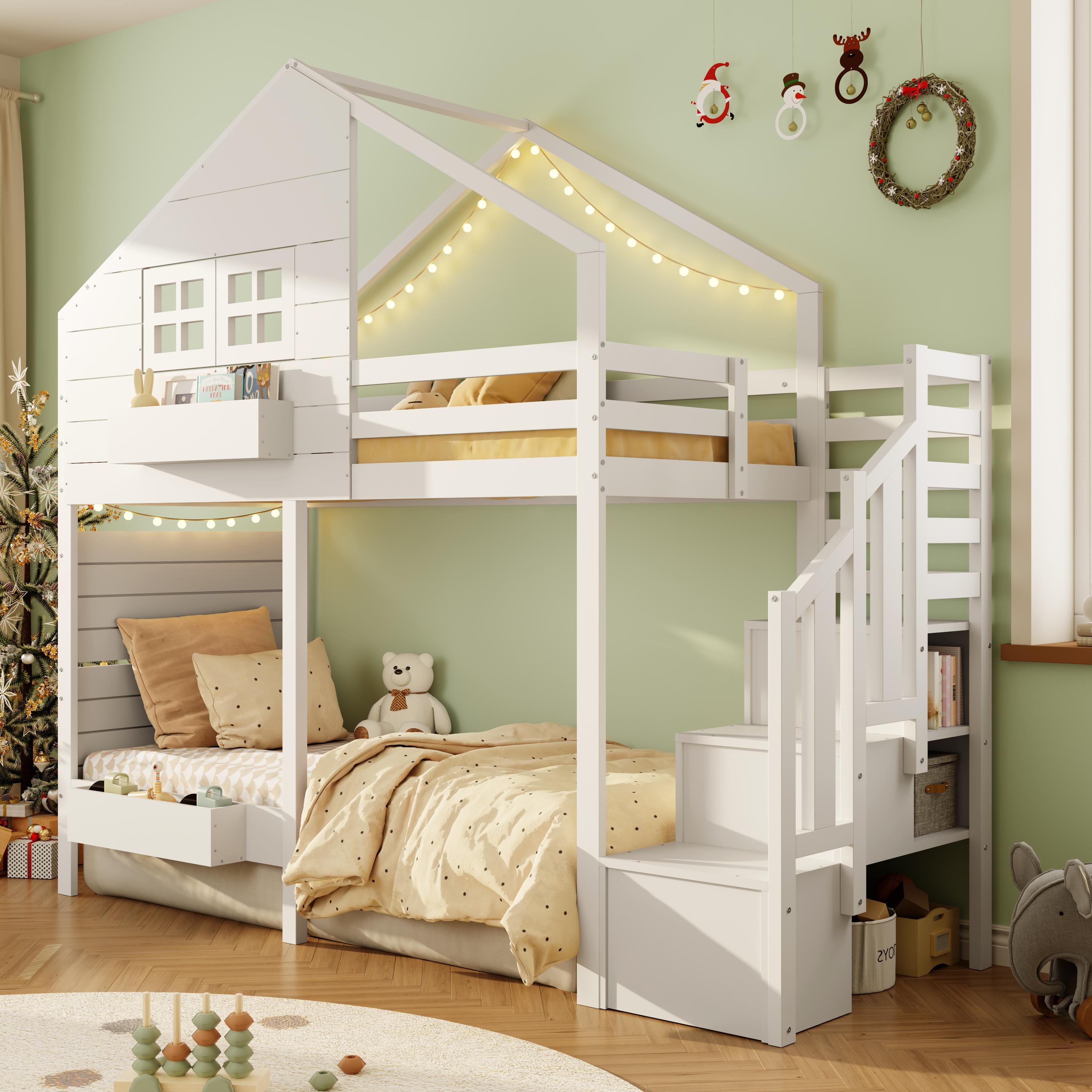 Etagenbett 90x200 cm mit Stauraumtreppe, Rausfallschutz, Hausdesign mit Fenster, Kinder-Hochbett aus Kiefernholz und MDF, Weiß