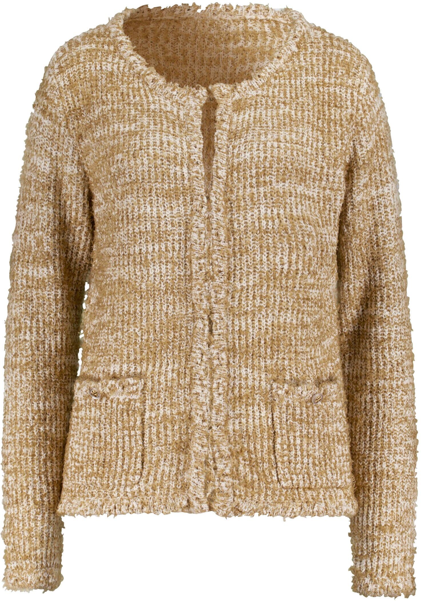 Cardigan CREATION L "Strickjacke Strickjacke im soften Material-Mix", Damen, Gr. 38, champagner, Elegant, Rundhals, Strickjacken Cardigan