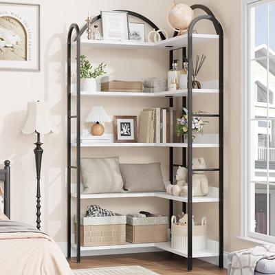 Garvee L Shaped Bookshelf Arched 5 Tier Corner Shelf,Industrial Bookcase