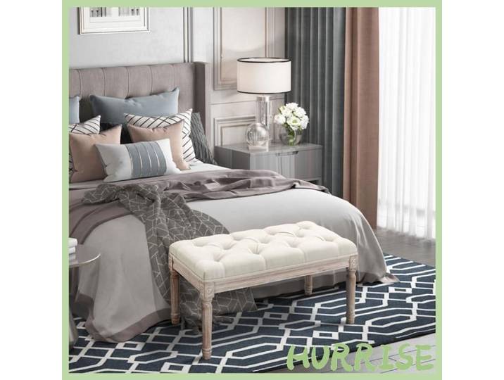 Cocosity Banc Banquette Classique Capitonné 80Cm Bout De Lit Rembourrée En Lin - Bois D'Hévéa Sculpté Patiné - Beige