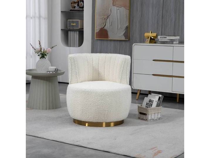 Fauteuil pivotant 360° - LANGTU - Teddy - Tissu Teddy blanc - Mousse haute densité - Structure bois massif