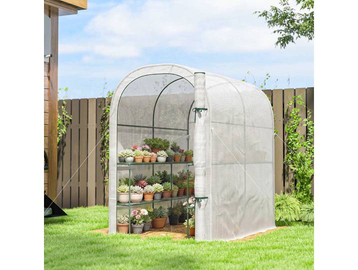 Outsunny Serre Jardin 123x187x189cm PE Blanc avec Étagères