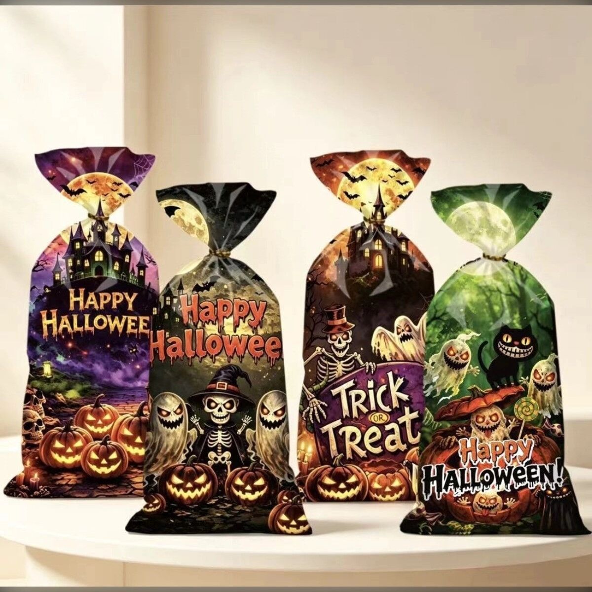 INF Halloween Flachmund-Süßigkeitstüten 50 Stück - PP, gemischte Farben, Kürbis Geist Spinne Muster, 27cm x 12.5cm