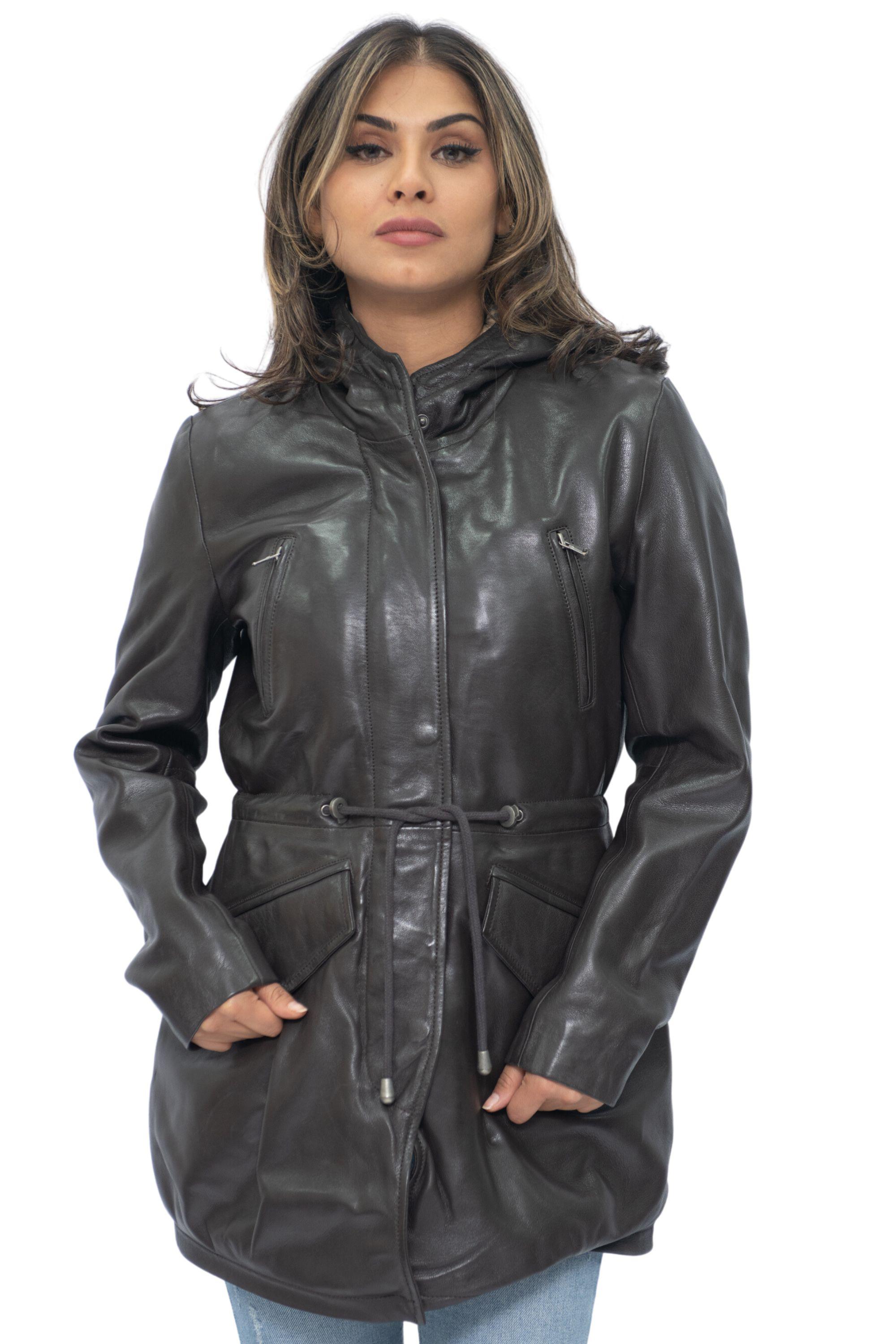 Dames leren parka jas met capuchon-Boekarest