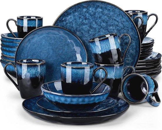 Servies Set aus Keramik für 8 Personen - Teller und Schüssel mit blauem Glanz.