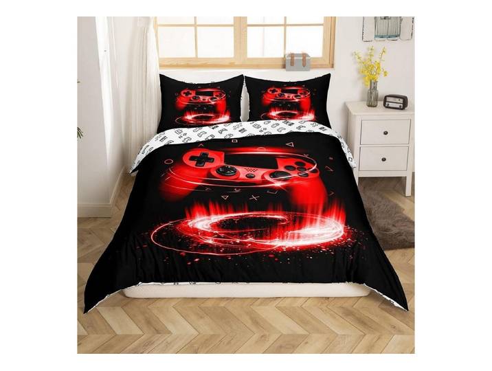 LuxusKollektion Jugendbettwäsche Bettwäsche-Set 155x220cm Gaming Controller Schwarz Rot