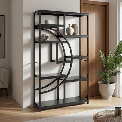ZWYO HOSIMU "37.43"" Metal Laminate Top 9-Shelf Freestanding Display Bookcase with Geometric Half-Moon Design & Industrial Style"