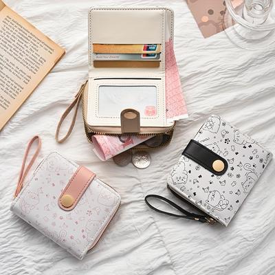 ModernMart Playful Cat Mini Wallet Wristlet For Women Compact Card Holder Wallet With Zipper Coin Pocket khaki