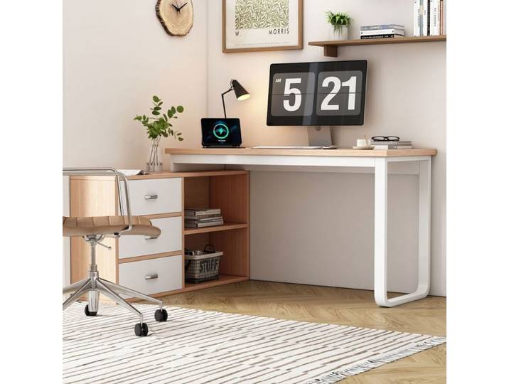 Bureau avec 3 tiroirs 2 compartiments plateau large Naturel pour le bureau et l'étude