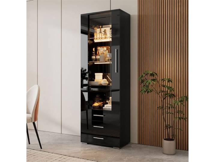 DRIPEX Vitrine Brillante avec éclairage LED Vitrine Moderne avec 3 tiroirs et étagères de rangement en verre 60*35*180cm Noir