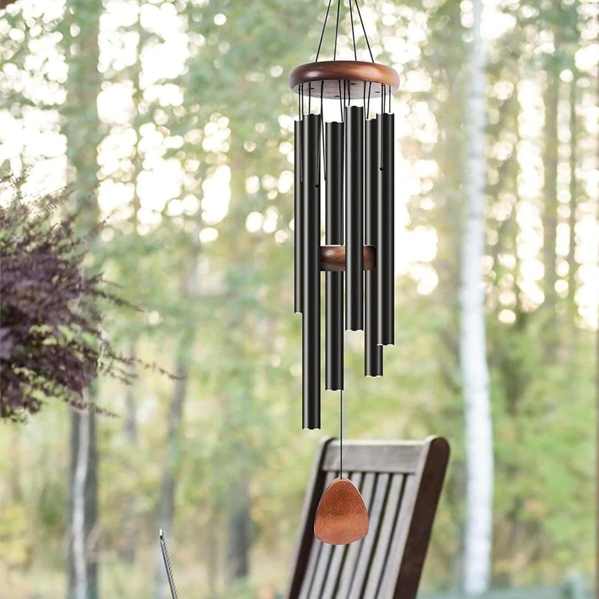INF Windspiel – gestimmte Aluminiumrohre mit Kiefernholz-Rundscheibe für Garten und Terrasse, Länge 66cm, harmonische Klänge Gold