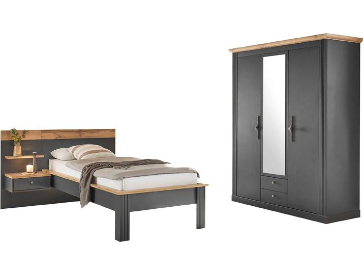Schlafzimmer-Set OTTO HOME Westminster , grau, B/H: 90cm x 200cm, Schlafzimmermöbel-Sets, Schlafzimmer-Set, beinhaltet 1 Bett, Kleiderschrank 3-türig und 1 Wandpaneel