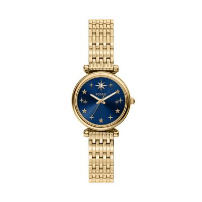 Quarzuhr FOSSIL "Carlie", gold (gelbgoldfarben, blau), Armbanduhren, Damen, gelbgoldfarben, Quarzuhr, Armbanduhr, Edelstahlarmband, analog, Glassteine