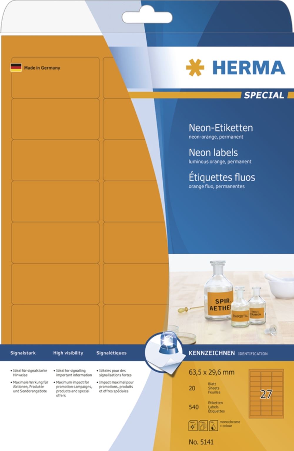 Herma 5141 neon-orange Universal-Etiketten 6.35x2.96 cm (20 Blatt (540 Etiketten))