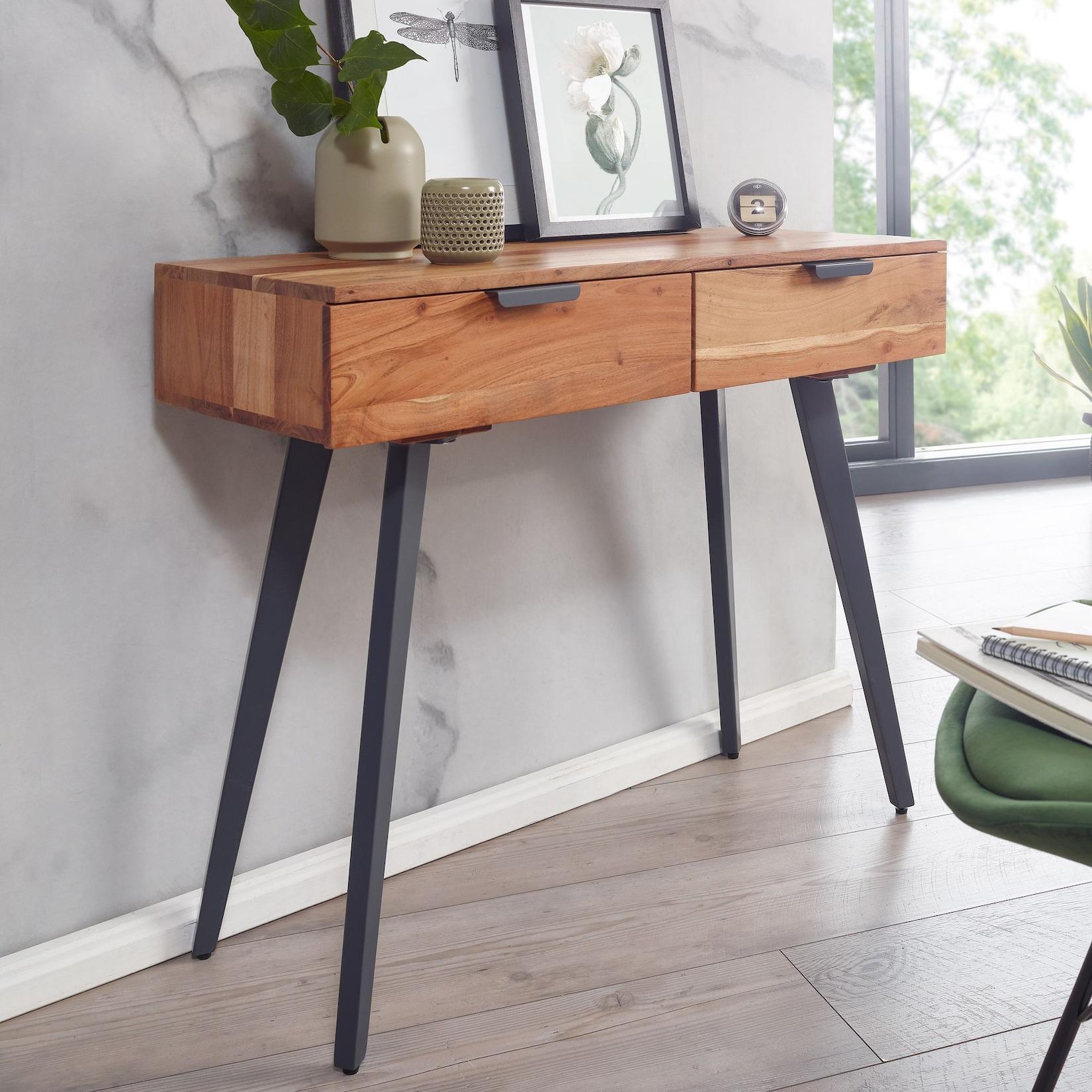 FineBuy Konsolentisch 90 cm Akazie Schreibtisch Massivholz / Metall Schminktisch