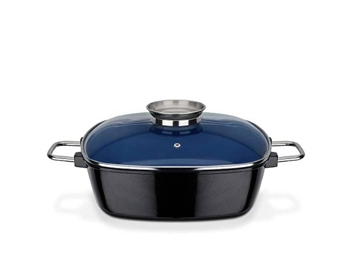 GSW Viereckbräter Ceramica – hochwertiger Bräter mit Deckel, ideal zum Schmoren, Dünsten und Braten, auch für Induktion und Backofen – Blau, Aluguss, 5 Liter
