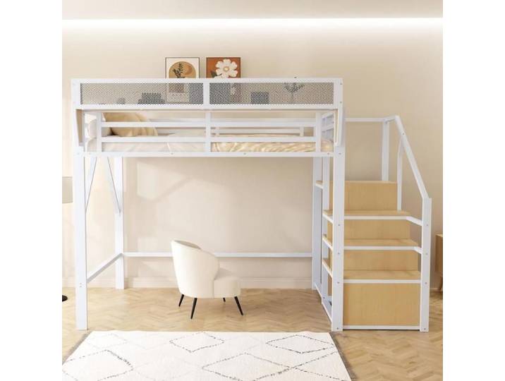 Lit mezzanine - KOMHTOM - 140x200 - Échelle sécurité - Étagère réglable - Cadre métal résistant