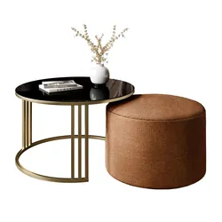 COUCHTISCH mit Hocker LORI GLASS gebürstetes Gold/schwarzes Glas/Perfect Harmony 52