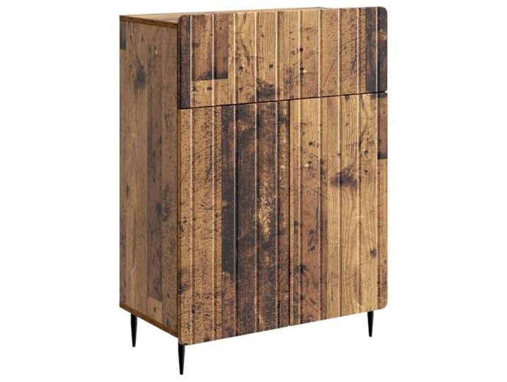 KPOTUERTU Sideboard Altholz 66 x 34,5 x 92 cm Holzwerkstoff Schwarze konische Eisenbeine, 90°-Pendeltür, Geräteschublade, Streifendetail, feuchtes Tuch