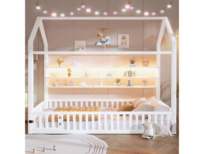 Lit plateforme en forme de maison 90 x 200 avec barrière et éclairage LED blanc