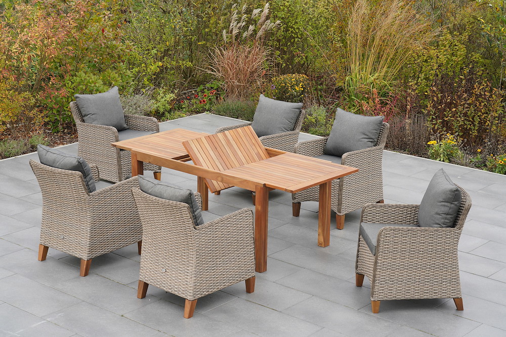 MERXXHANDELS Avellino Set 7tlg 6 Sessel Tisch 150(200)x90cm Kissen 16946484