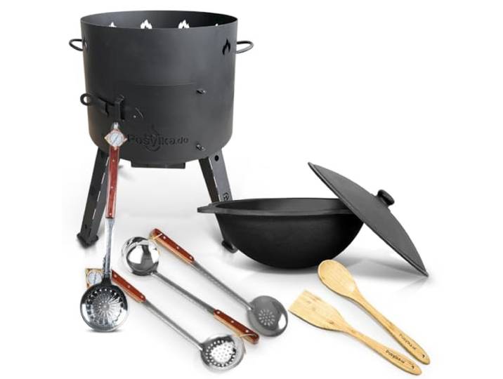 Utschak Feuerofen mit Gusseisen Topf runder Boden mit Deckel (16 L) KazanoFF, Uchag Feuerofen Gusseisen Kazan Kasan Schaumlöffel x 3Stk, Holzlöffel, Spachtel. Schöpfkelle(Set 16-2)