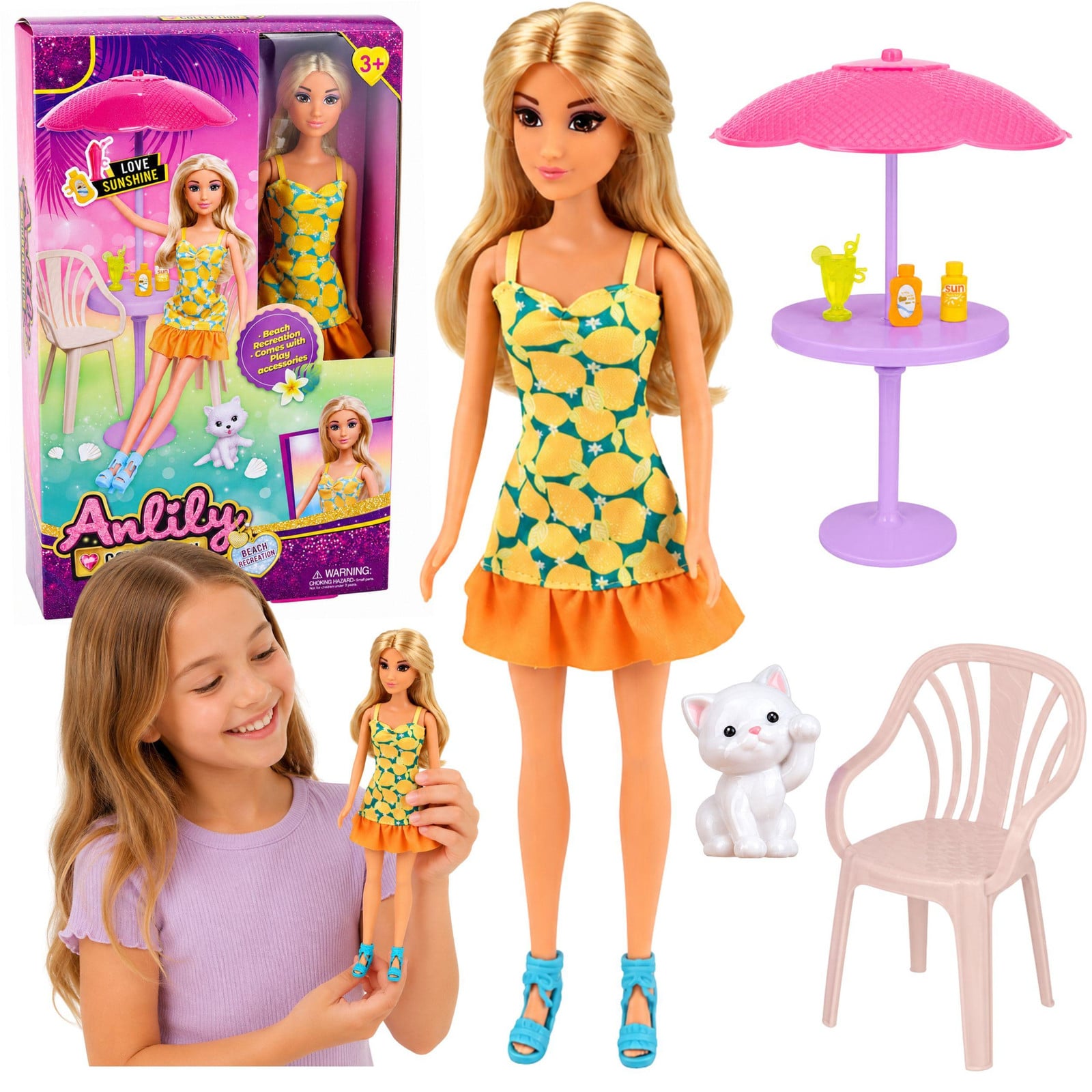 Lean Toys Anlily pop in gele jurk met kitten en tuinmeubilair accessoires