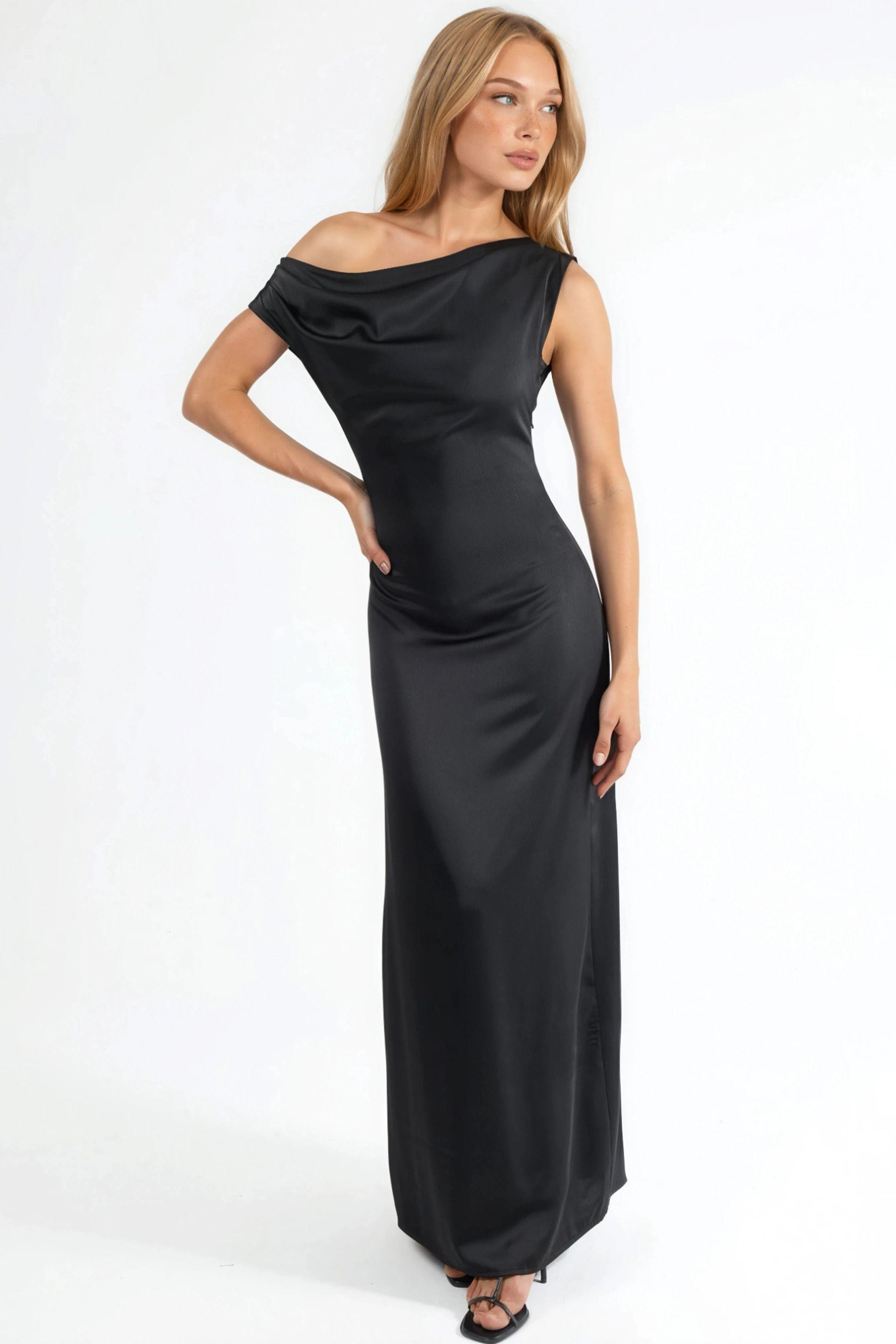 Asymmetrisches Kragen Bodycon Satin Maxi Kleid