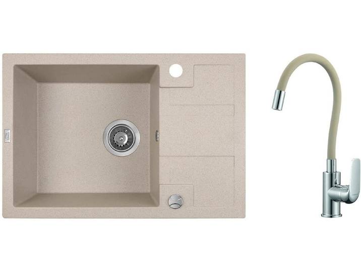 KOLMAN Küchenspüle Elza Set Granitspüle und Spültischarmatur, Rechteckig, 44/65 cm, Beige, Space Saving Siphon GRATIS