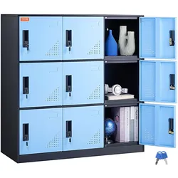 VEVOR Umkleideschrank Fächerschrank Schließfachschrank, 9-türiger Aufbewahrungsschrank, Garderobenschrank mit 9 Fächern Wertfachschrank, 30 kg Ladekapazität, Bürospinde für Büro, Schwarz & Blau