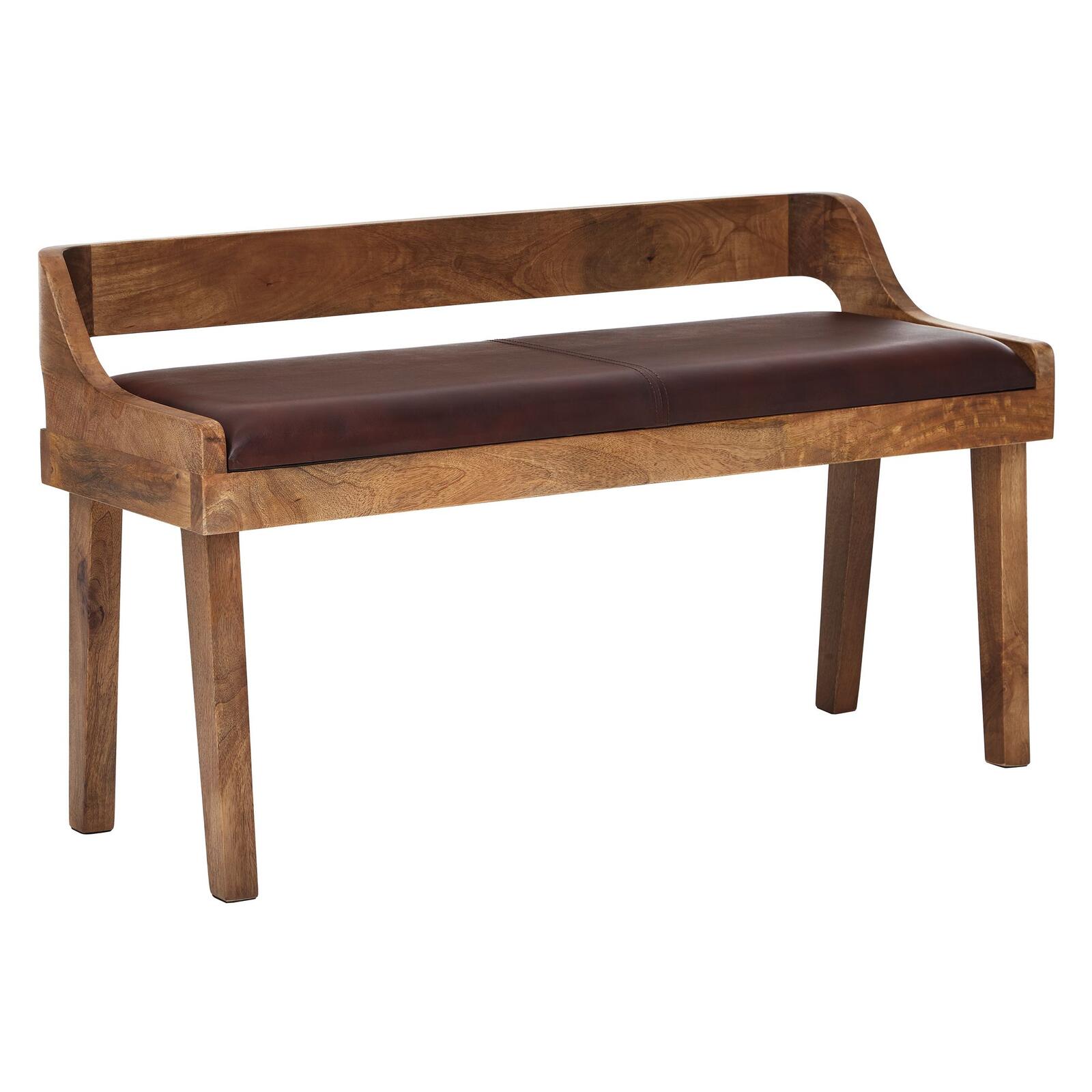WOHNLING WL6.085 Sitzbank Echtleder / Massivholz 108x63x43 cm, Polsterbank mit Rückenlehne Braun