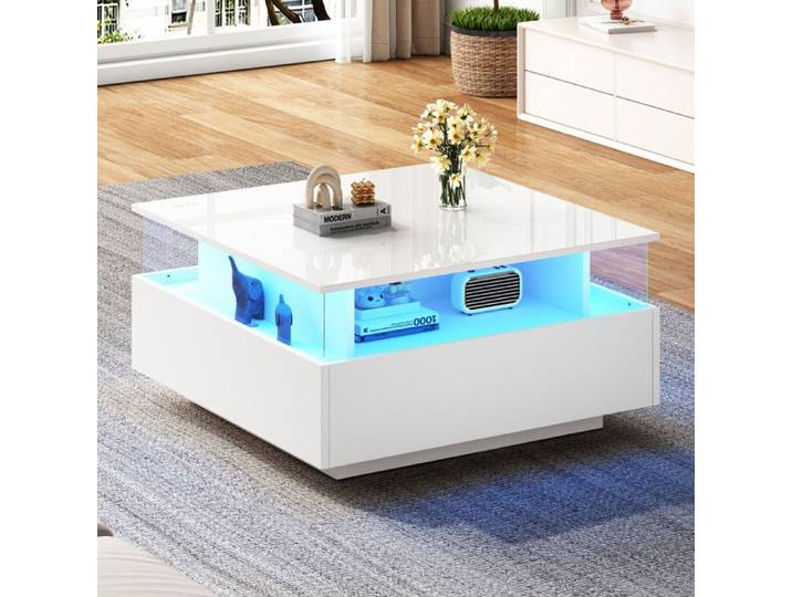 Piaenon - Table Basse Carré 70x70x41cm avec LED 2 Tiroirs Brillant Vitrine Transparente Salon Design moderne - blanc