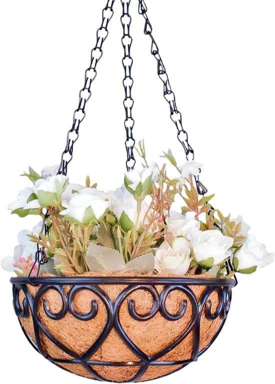 Ronde hangende plantenmand van metaal en keramiek in het zwart met ketting voor in de tuin