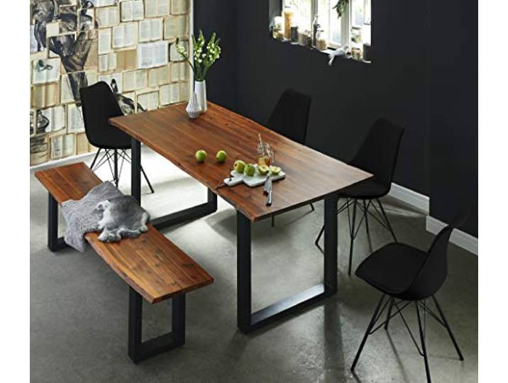 SAM 6tlg. Essgruppe 140x80 Akazie Cognac/schwarz, Bank, 4X Stuhl schwarz Baumkantentisch & -Bank 140x40 cm, Schalenstuhl Lerche, Tischgruppe Esra, Akazie-Holz Cognacfarben