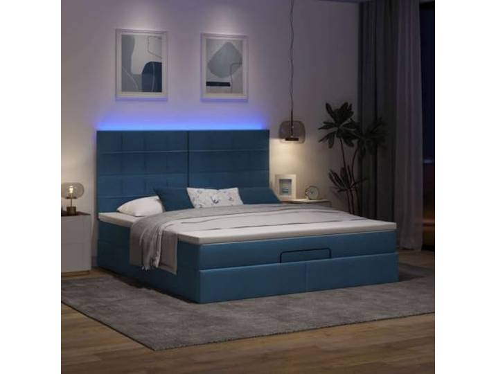 KTHLBRH Boxspringbett mit Matratze, Blau, 160 x 200 cm Taschenfedern, Stauraum, LED-Lichter, waschbarer Matratzenschoner