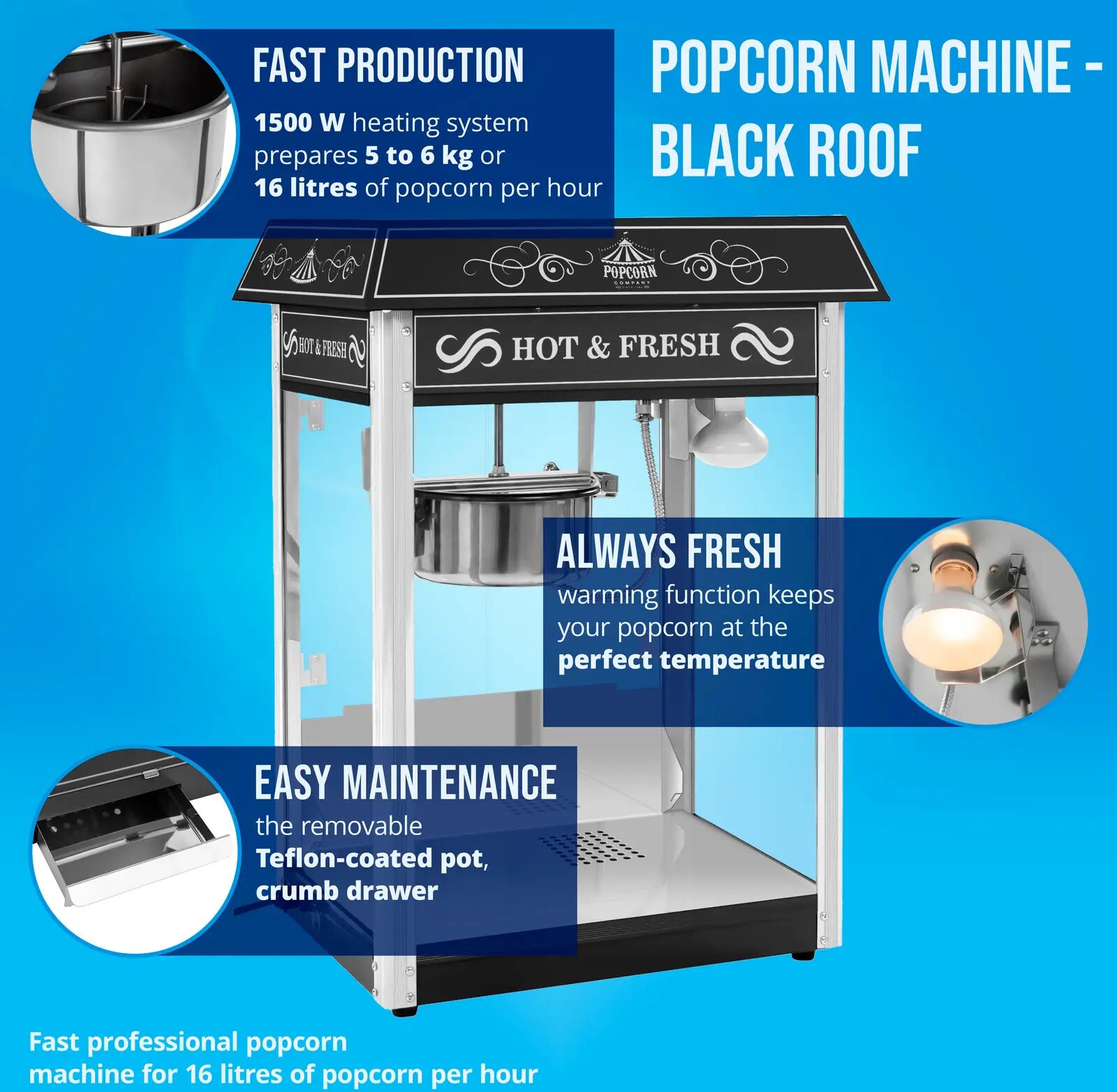 Popcorn-kone - 5 kg/h - 1500 W - musta - Royal Catering RCPS-16.2