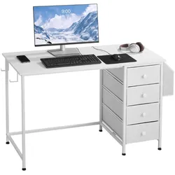 VEVOR Computertisch Bürotisch Schreibtisch (120 x 50 cm Tischplatte), moderner Arbeitstisch mit Stoffschubladen & 99 kg Tragkraft & Aufbewahrungshaken für Homeoffice Arbeitszimmer Wohnzimmer, Weiß