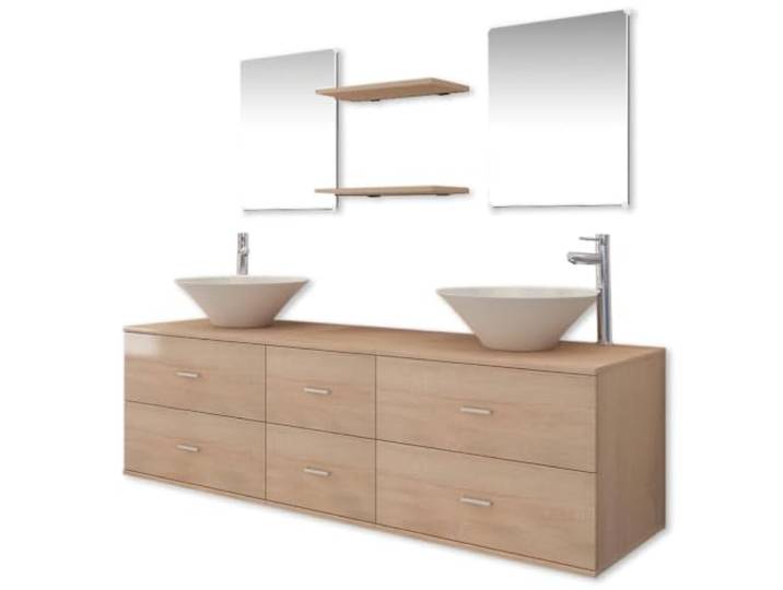 POUFGDR Badezimmermöbel, 9-teilig, mit Waschbecken und Wasserhahn, Beige Wandschrank, 2 Spiegel, 2 Einlegeböden, Keramik, verchromte Mischbatterien, massives Messing, Montage über der Theke