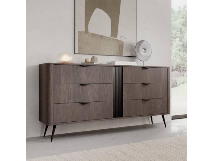 Wohnzimmer Sideboard 163 cm breit in Eiche mit 6 Schubladen & Rillendesign