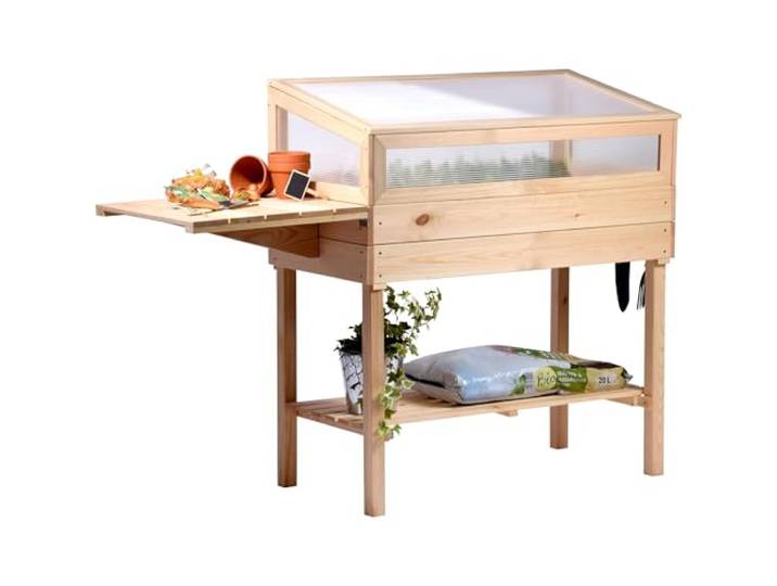 dobar® erhöhtes Frühbeet aus Massivholz Gr. L - Hochbeet mit Frühbeetaufsatz - Frühbeetkasten mit Ablagefläche & ausklappbarem Tisch - Pflanzkasten mit Gewächshaus - 150 x 50 x 107 cm