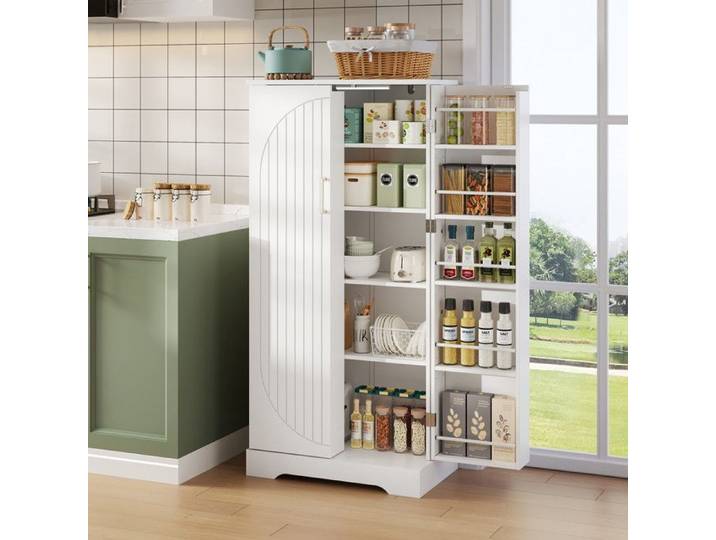 Buffet haut 60x35x128 cm avec éclairage LED à capteur Buffet de cuisine avec étagères réglables et 2 porte Buffet salon en blanc