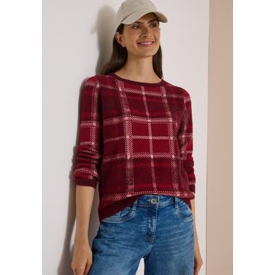 Strickpullover CECIL, Damen, Gr. S (38), rot (rot wine), Web, 52% Baumwolle, 48% Polyester, kariert, comfort fit normal, U-Boot-Ausschnitt, Rippbündchen, Pullover Strickpullover, mit Karomuster