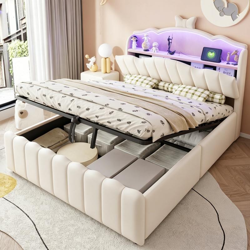 Gepolstertes Kinderbett 140x200cm mit hydraulischem Stauraum, Samtbezug, LED-Kopfteil mit Farbwechsel sowie USB- und USB-C-Anschluss, Beige